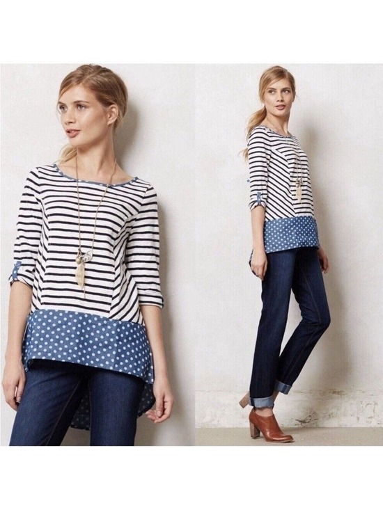 Anthropologie Tops - 𝅺Anthropologie Postmark Fairley Postage Stamp Roll Tab Striped Polka Dot Shirt